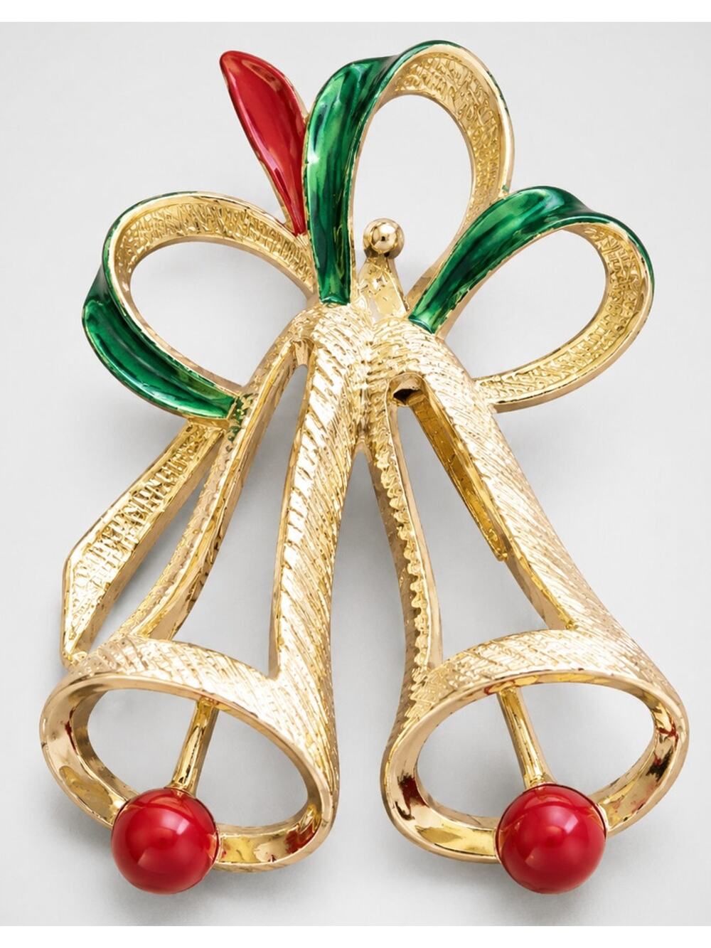 Large Christmas Bells Pin Vintage Brooch Enamel Gold-tone Festive 2.25" h-106